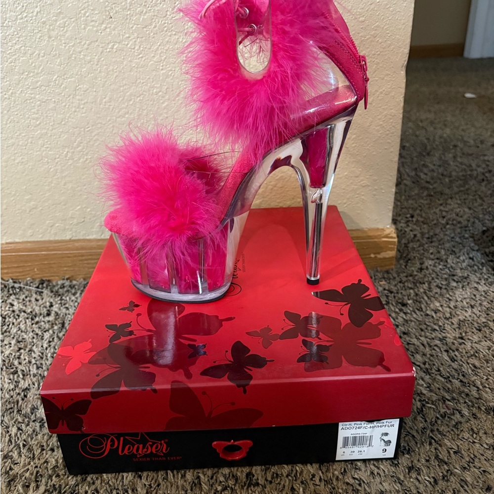 Pleaser Hot Pink Feathered Heels with Silver Accents